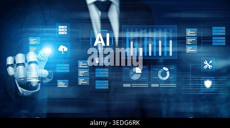 A business professional interacts with a futuristic interface showcasing data analytics and artificial intelligence applications in a corporate Stock Photo