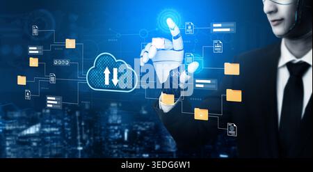 A businessman with a robotic hand engages with cloud technology, showcasing futuristic data visualization concepts in a modern corporate environment Stock Photo