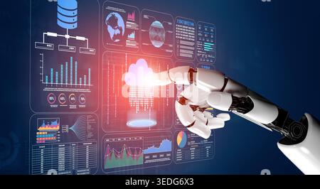 Futuristic Robot Hand Interacting with Data Analytics Dashboard and Cloud Computing Interface in Modern Digital Environment Fluxor. Stock Photo