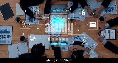 Team of business experts collaborating on cyber security solutions with digital analytics and protective graphics, highlighting modern strategies for Stock Photo