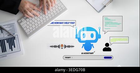 Hands Typing on Keyboard with AI Assistant Interface and Data Visualizations in Modern Workspace for Business and Technology Concepts Quark. Stock Photo