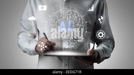Business professional using digital tablet to illustrate artificial intelligence concepts with data visualization and modern technology icons Haptic. Stock Photo