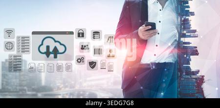 Cloud upload and download icon with surrounding data management, security, and analytics icons in digital interface Parse Stock Photo