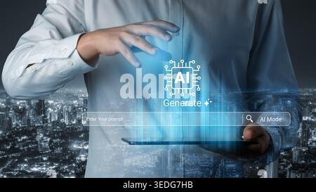 A person interacts with a digital user interface representing artificial intelligence technology. The scene features a futuristic cityscape Stock Photo