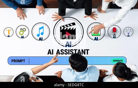 Business team collaborating on AI assistant project at a modern workspace, focusing on creative prompts and innovative ideas for digital technology Stock Photo