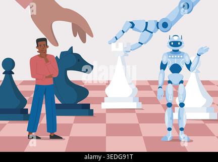 Human and robot chess scene. Vector illustration Stock Vector