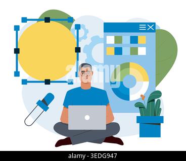 Designer working on graphic shapes. Vector illustration Stock Vector