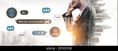 A professional man communicates via smartphone, engaged in customer service dialog with a digital chatbot, showcasing modern technology in urban Stock Photo