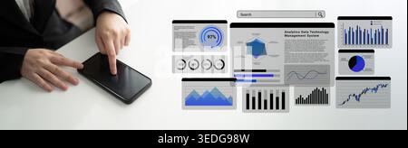 A person interacts with a smartphone while various business analytics and data visualization graphics are displayed, emphasizing technology and Stock Photo