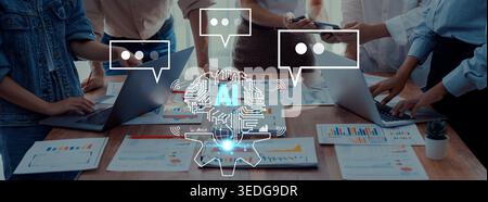 Business Team Collaborating with Artificial Intelligence Technology for Data Analysis and Strategy Development in Modern Office Setting Quark. Stock Photo