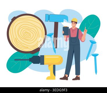 Worker with carpentry tools. Vector illustration Stock Vector