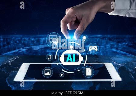 Hand Reaching for AI Technology on Tablet with Global Connectivity and Digital Icons Representing Communication, Music, Gaming, and Data Processing Stock Photo