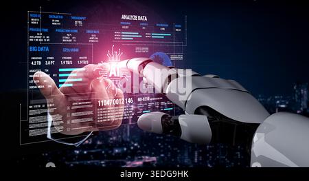 Futuristic Interface of Human Finger Touching Robotic Hand with Data Analytics Displayed in Digital Screen Over Cityscape at Night Fluxor. Stock Photo
