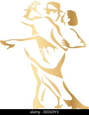 Stylized tango Kizomba dancing couple in elegant gold gradient isolated on transparent background. Graceful silhouette with expressive pose and dramat Stock Vector