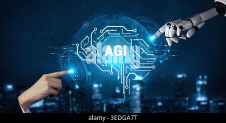 Futuristic Concept of Artificial General Intelligence with Human and Robot Interaction in a High-Tech Environment Haptic. Stock Photo