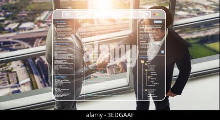 Business Partnership Agreement in Modern Office with Digital Interface and Cityscape View in Background Quark. Stock Photo