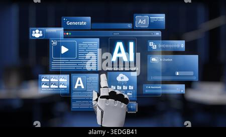 A robotic hand interacts with a futuristic AI interface, displaying various digital features in a modern workspace, symbolizing technology and Stock Photo