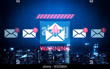This graphic depicts a warning symbol alongside email icons, illustrating cybersecurity alerts in a digital cityscape, emphasizing the importance of Stock Photo