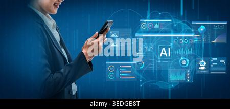 AI business intelligence interface featuring real-time AI data visualization, predictive AI model graphs, and automated report tools driven by AI Stock Photo