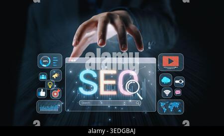 SEO concept for improving SEO visibility, with SEO related digital tools and SEO performance icons shown in an focused layout for strategic marketing Stock Photo