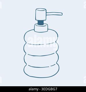 Hand drawn vector illustration of a liquid soap dispenser bottle. Minimalist blue line art icon for bathroom hygiene, skincare, and household cleaning Stock Vector