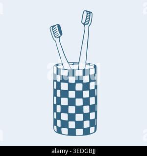 Hand drawn vector illustration of two toothbrushes in a checkered cup. Blue line art icon for dental care, oral hygiene, and daily bathroom routine Stock Vector