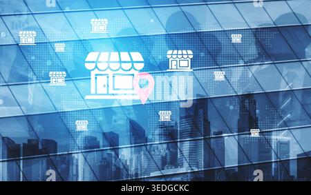 Illustrative image showcasing a modern urban business theme with storefront icons and a location marker overlaid on a glass building, symbolizing Stock Photo