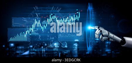 A futuristic robotic hand interacts with glowing digital financial graphs on a screen, representing advanced technology in data analysis and financial Stock Photo