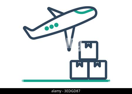 Line art icon of a cargo plane flying over a stack of teal-accented boxes. Vector graphic representing air freight, express international delivery, an Stock Vector