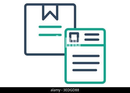 Line art icon featuring a package box and a teal document/invoice. Minimalist graphic for shipping labels, delivery documentation, or order processing Stock Vector