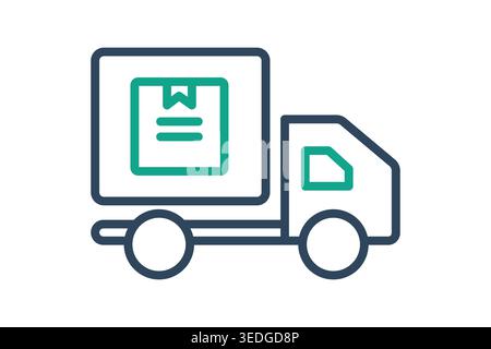 Line art delivery truck icon, navy blue and teal, featuring a cargo box symbol on the side. Minimalist vector graphic for shipping and logistics. Stock Vector