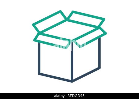 Line art icon of an open cardboard box, navy blue base with teal top flaps. Minimalist vector graphic representing unboxing, packaging, or readiness f Stock Vector