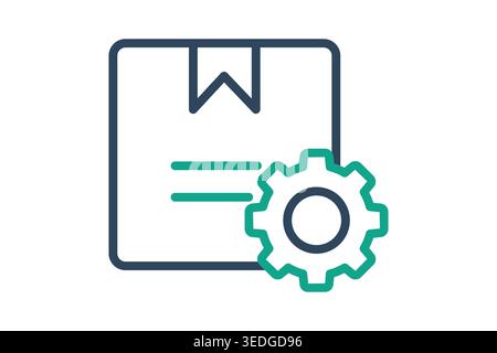Line art icon of a package box with a teal gear/cogwheel symbol. Minimalist design representing logistics processing, automated fulfillment, or supply Stock Vector