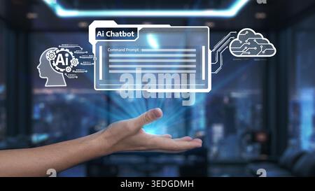 This image showcases a futuristic AI chatbot displayed on a digital interface, emphasizing technology and communication in a modern office environment Stock Photo