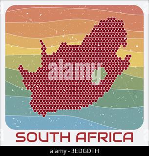 South Africa vintage logo. Hexagon dots shape of the country on retro colored stripe waves background. Stock Vector