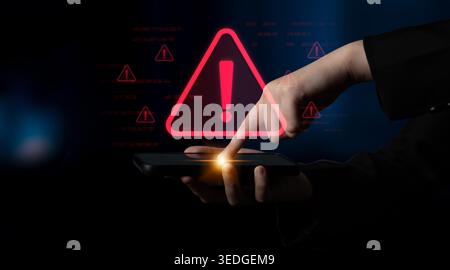 Cybersecurity alert warning showing red cyber for data breach, network threat, and cyber security system vulnerability with emphasis on security risk Stock Photo