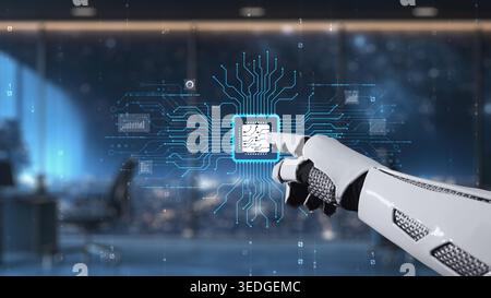 A futuristic robotic hand engages with a holographic microchip, showcasing advanced technology in a sleek digital workspace, emphasizing innovation Stock Photo