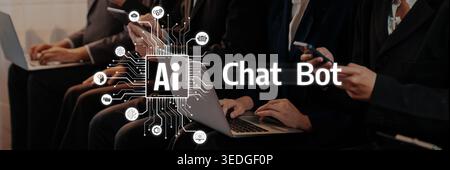 A group of people using devices like smartphones and laptops, showcasing the role of chat bots and artificial intelligence in enhancing modern Stock Photo