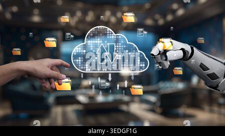 A concept image showcasing a human hand reaching toward a robotic arm amid a cloud computing environment, highlighting data transfer and digital Stock Photo