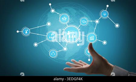 A hand reaches out towards a digital network displaying various icons that symbolize communication and technology, emphasizing connectivity and Stock Photo