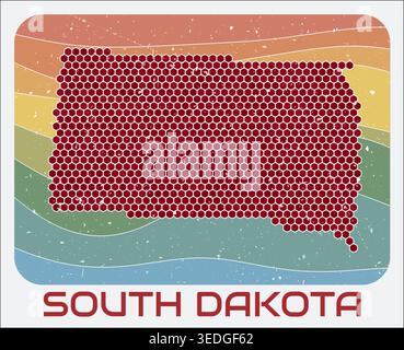 South Dakota, United States vintage logo. Hexagon dots shape of the state on retro colored stripe waves background. Stock Vector