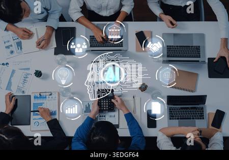 Group of Professionals Collaborating on AI Strategy with Laptops and Graphical Representations of Artificial Intelligence Concepts Quark. Stock Photo
