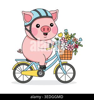 Bicycle riding cute baby pig with a colorful flower basket, wearing a blue safety helmet Stock Vector