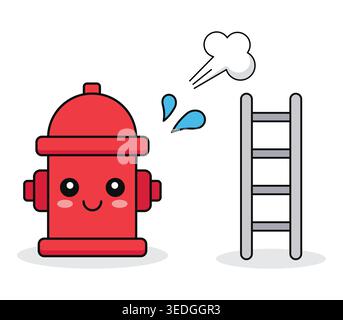 Fire Ladder and Cute Red Hydrant Character Vector Illustration with Smoke and Water Drops Stock Vector