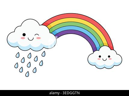 Colorful Rainbow with Cute Smiling Clouds and Raindrops Cartoon Vector Illustration for Kids Stock Vector