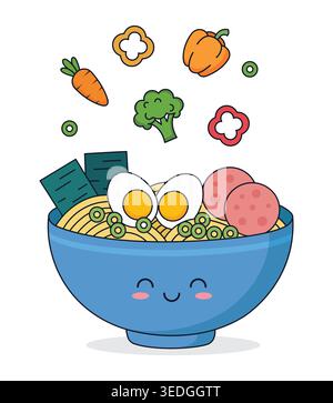 Cute smiling ramen noodle bowl with floating vegetables like carrots and broccoli, vector illustration Stock Vector