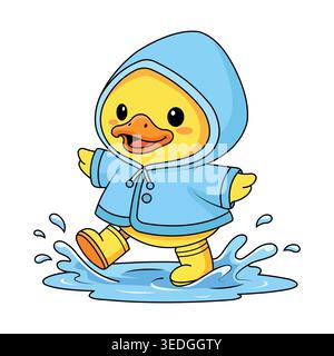 Splashing in Water Puddle Cute Baby Duck Wearing Blue Raincoat and Yellow Boots Vector Illustration Stock Vector