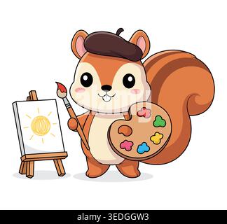 Artist Squirrel Character Painting on Canvas with Palette and Brush in Cute Cartoon Style Stock Vector