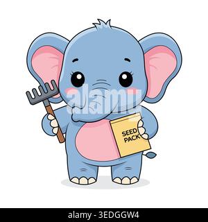 Sweet Blue Elephant Holding Gardening Rake and Seed Pack Cartoon Character Isolated on White Stock Vector