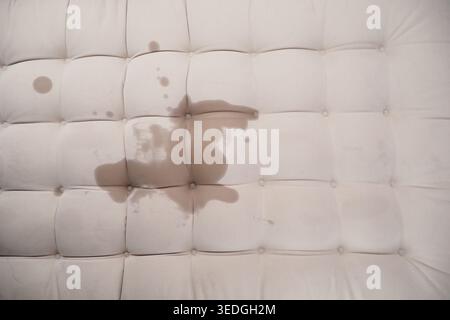 Spilled liquid on a white tufted sofa in a home Stock Photo